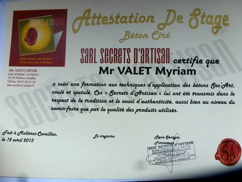 certificat formation sol béton ciré spatulé/coulé (sercets d'artisan)